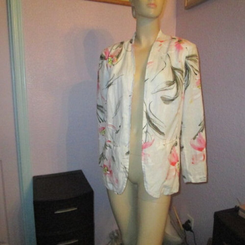 Vtg Peck & Peck Womens Linen Jacket Size XL Open Front Blazer Floral Cottage 80s